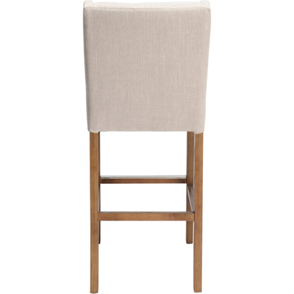 Karla Tufted Barstool by Kosas Home in gray. Made from blended upholstery (57% polyester 25% viscose 18% linen), rubber wood legs in a transitional style.
