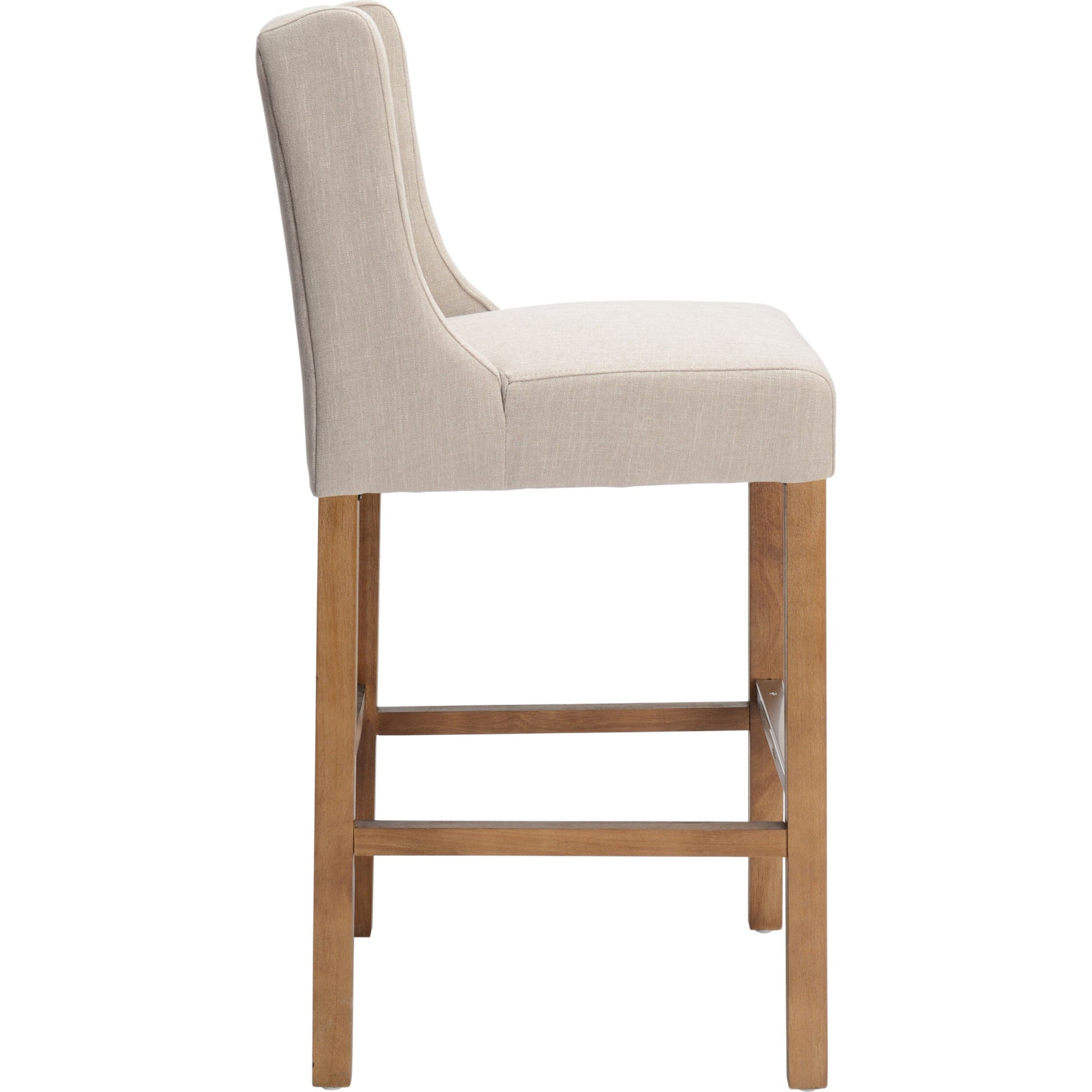 Karla Tufted Barstool by Kosas Home in gray. Made from blended upholstery (57% polyester 25% viscose 18% linen), rubber wood legs in a transitional style.