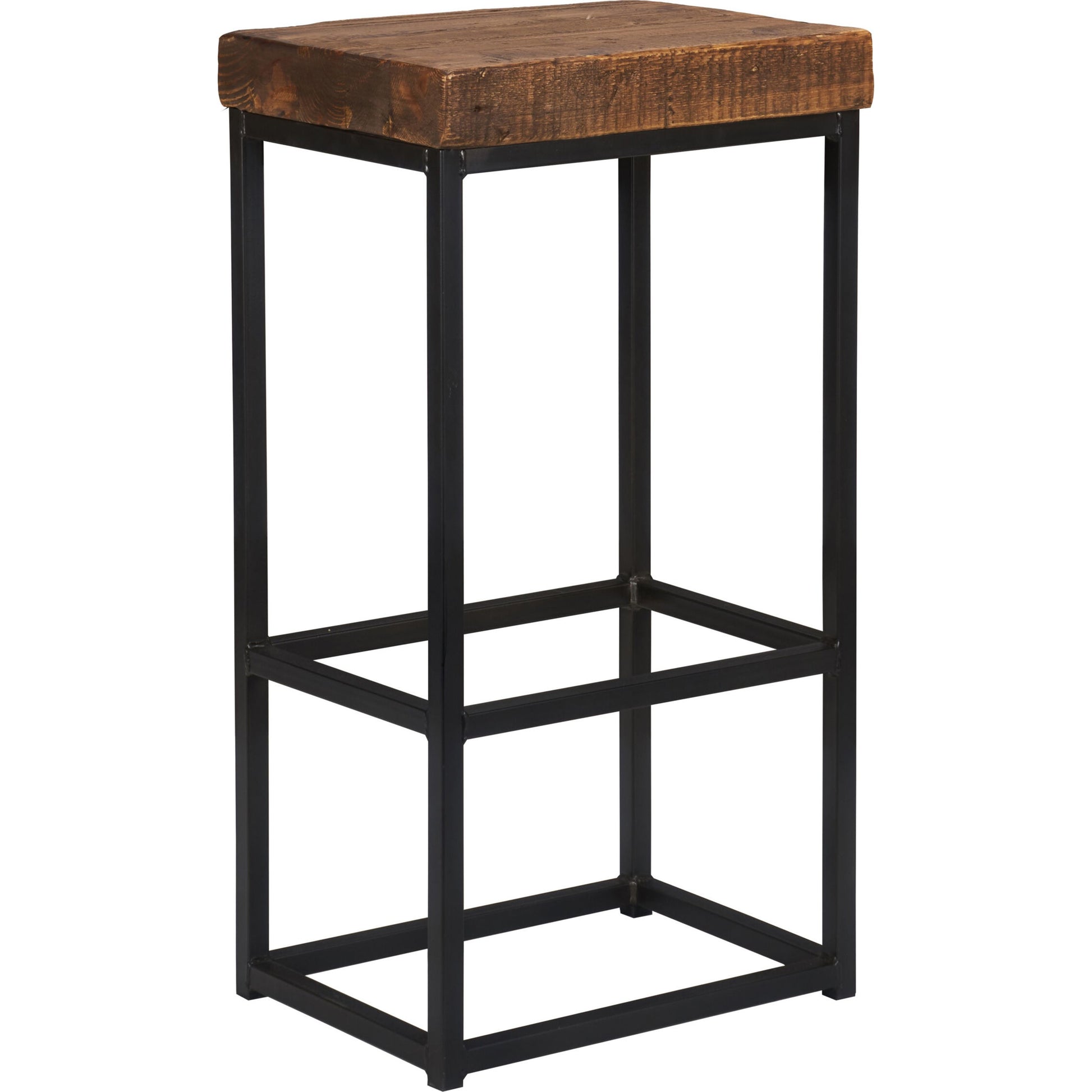 Porter Barstool by Kosas Home in rustic mahogany. Made from reclaimed pine top, iron legs in a modern style.