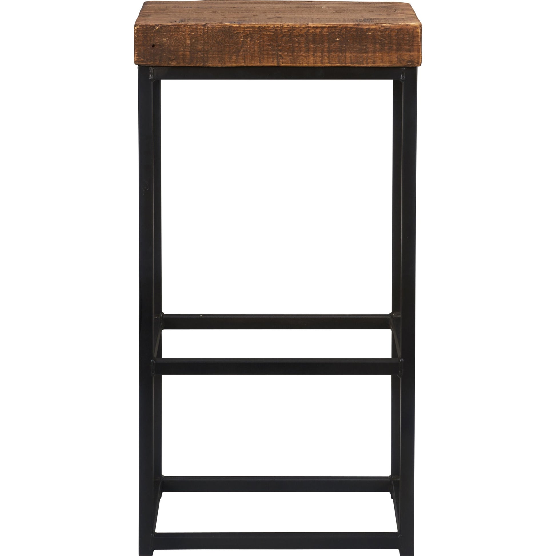 Porter Barstool by Kosas Home in rustic mahogany. Made from reclaimed pine top, iron legs in a modern style.