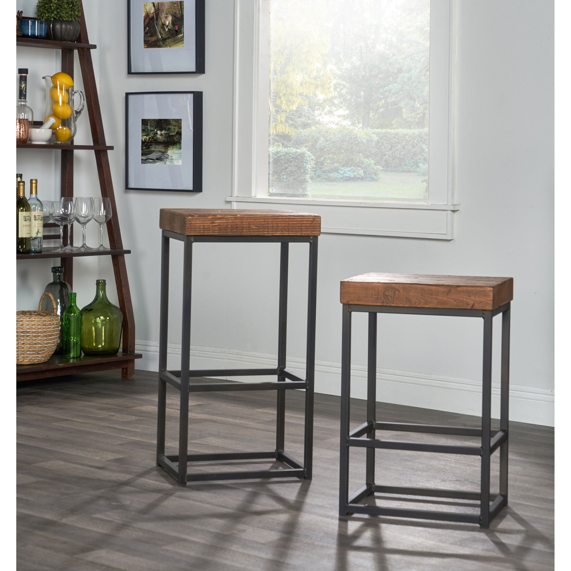 Porter Barstool by Kosas Home in rustic mahogany. Made from reclaimed pine top, iron legs in a modern style.