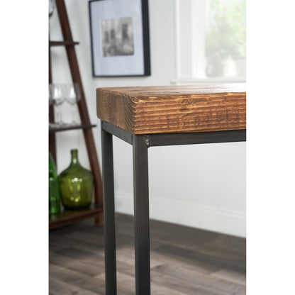 Porter Barstool by Kosas Home in rustic mahogany. Made from reclaimed pine top, iron legs in a modern style.