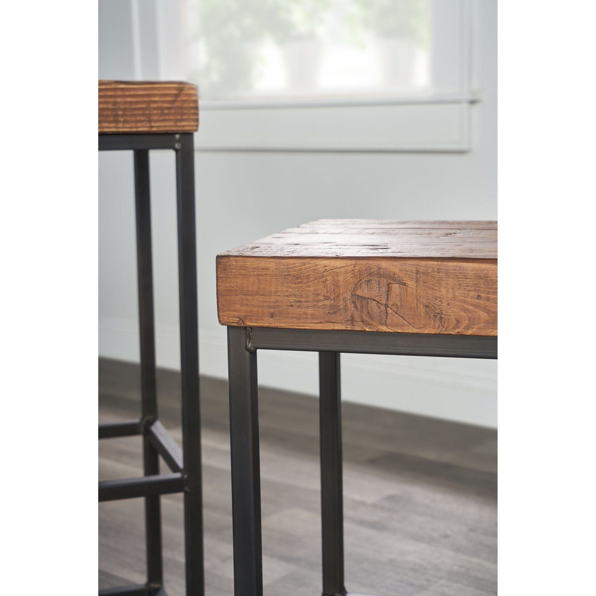 Porter Barstool by Kosas Home in rustic mahogany. Made from reclaimed pine top, iron legs in a modern style.