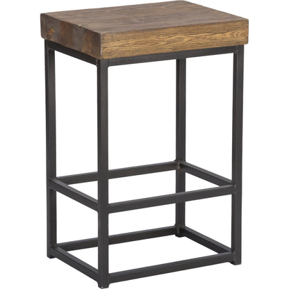 Porter Counter Stool by Kosas Home in rustic mahogany. Made from reclaimed pine top, iron legs in a modern style.