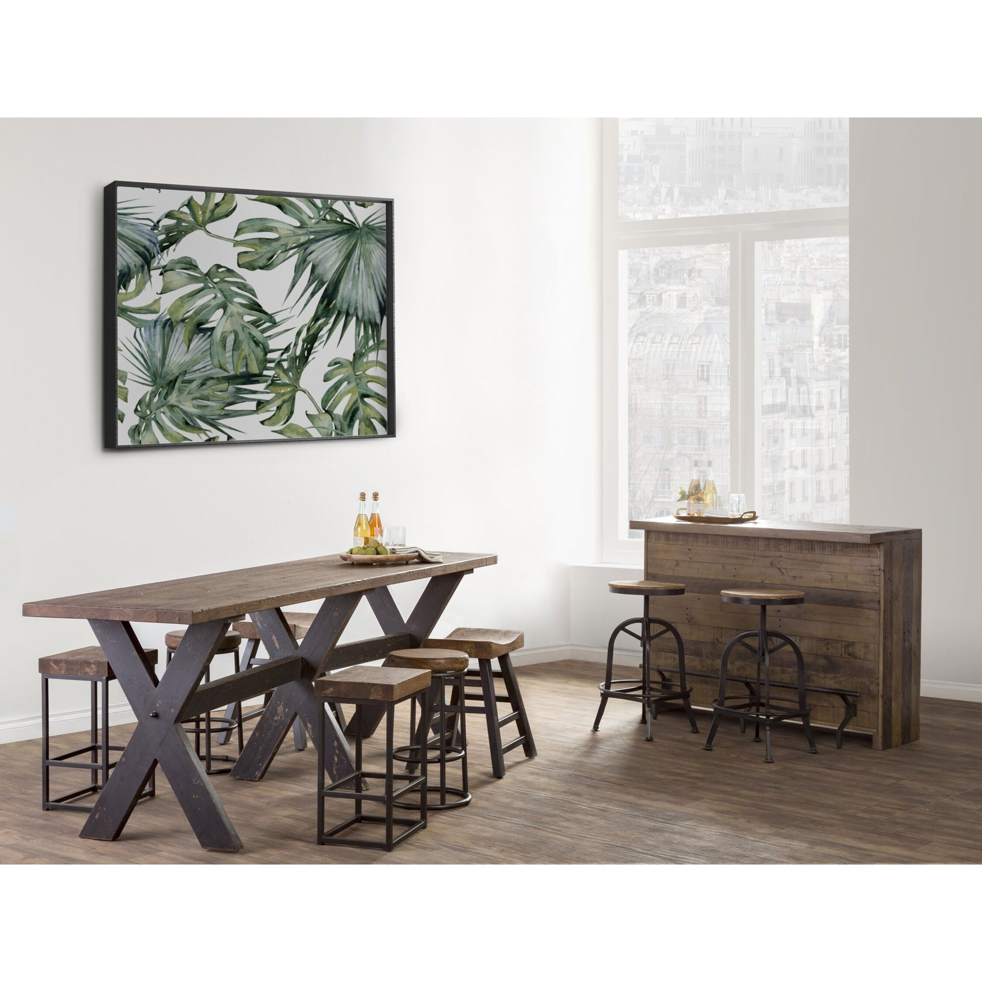 Porter Counter Stool by Kosas Home in rustic mahogany. Made from reclaimed pine top, iron legs in a modern style.