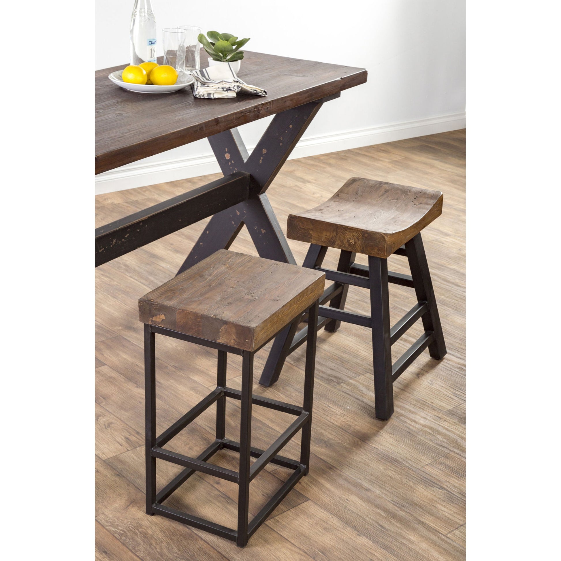 Porter Counter Stool by Kosas Home in rustic mahogany. Made from reclaimed pine top, iron legs in a modern style.