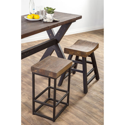 Porter Counter Stool by Kosas Home in rustic mahogany. Made from reclaimed pine top, iron legs in a modern style.