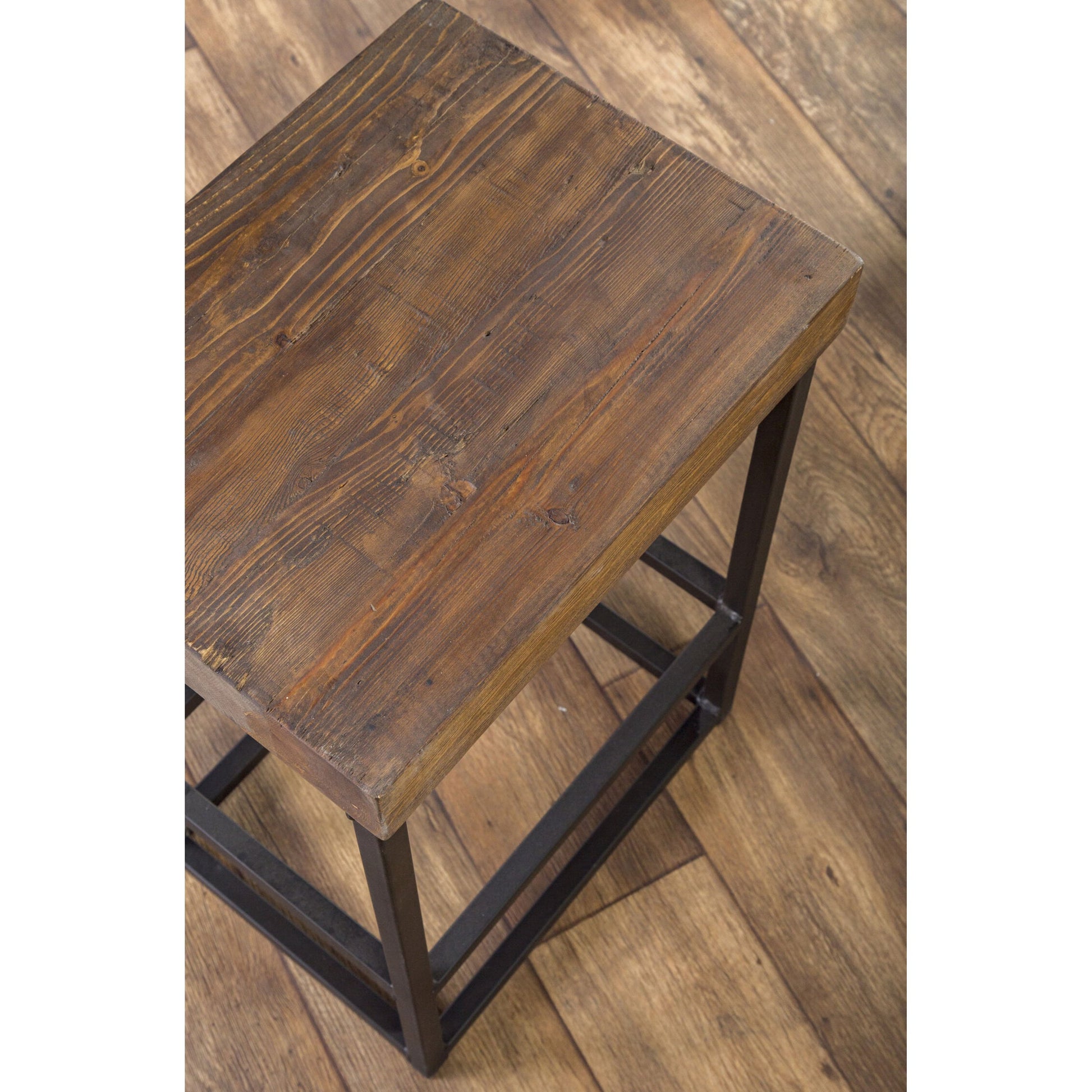 Porter Counter Stool by Kosas Home in rustic mahogany. Made from reclaimed pine top, iron legs in a modern style.