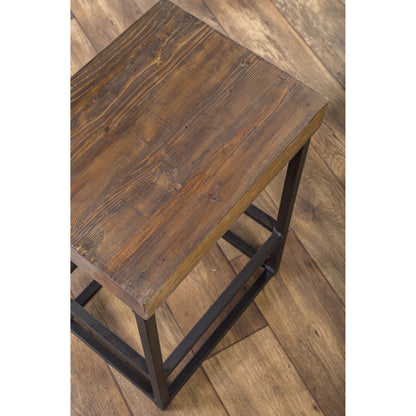 Porter Counter Stool by Kosas Home in rustic mahogany. Made from reclaimed pine top, iron legs in a modern style.