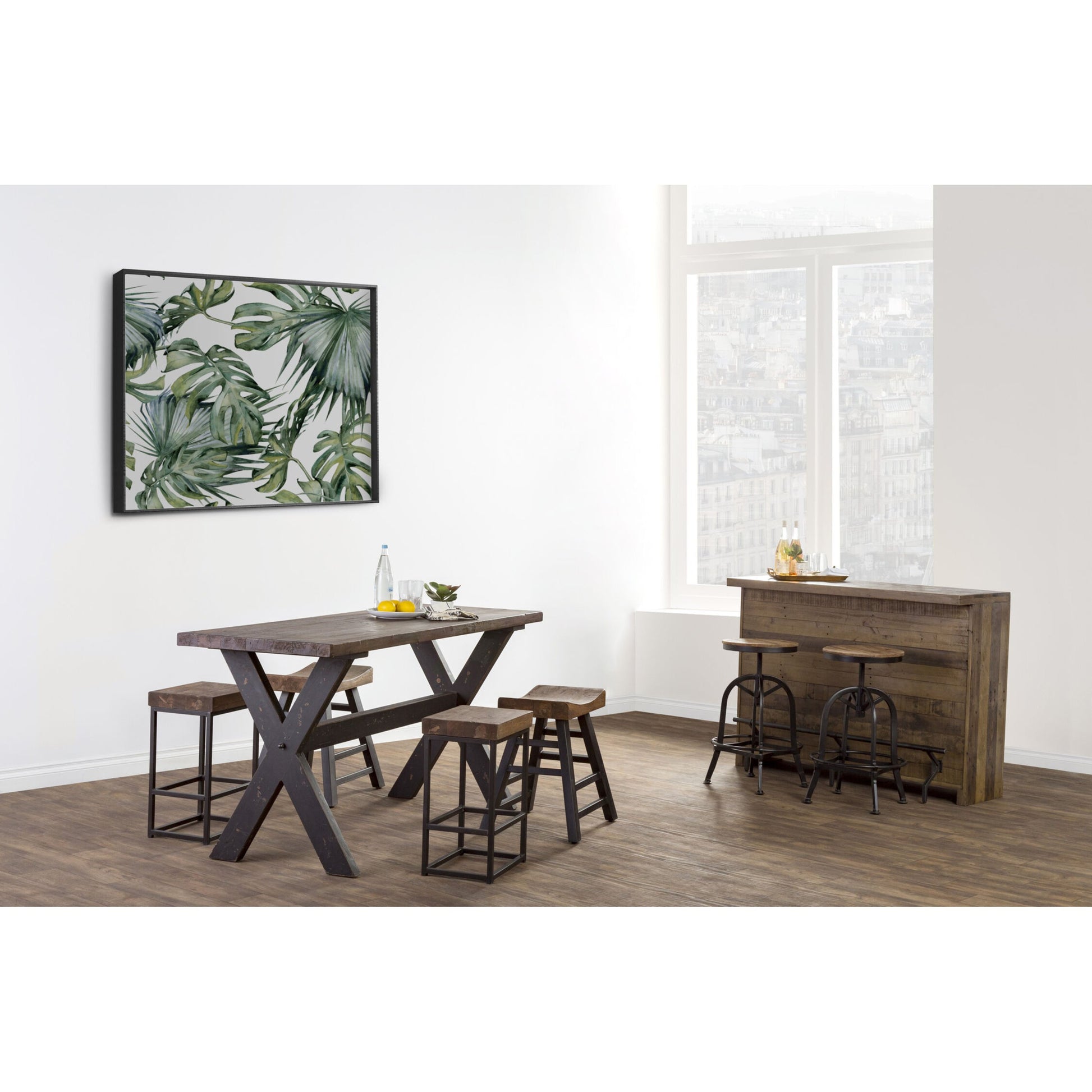 Porter Counter Stool by Kosas Home in rustic mahogany. Made from reclaimed pine top, iron legs in a modern style.