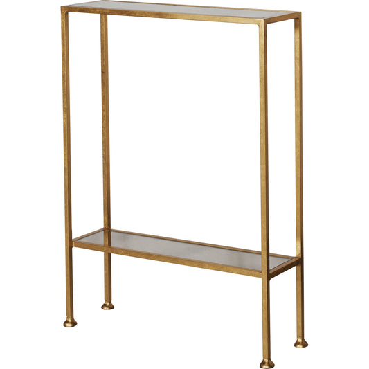 Porter Shelf by Worlds Away in gold leaf. Made from metal, glass in a transitional style.