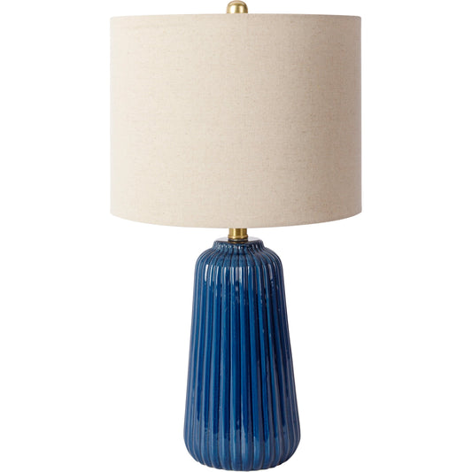 Patras - 31040 by Livabliss in body: blue, shade: white, finial: metallic - brass, harp: metallic - nickel, cord: translucent and glazedbrushed. Made from shade (outside): linen, shade (inside): polyester, body: ceramic, 