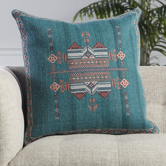 Puebla PUB10 Pillow by Jaipur Living in teal, terracotta. Made from 85% wool 15% cotton in a eclectic & global style.