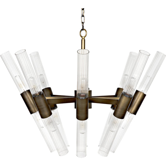 Moira Chandelier by Noir in antique brass. Made from industrial steel and glass in a modern style.