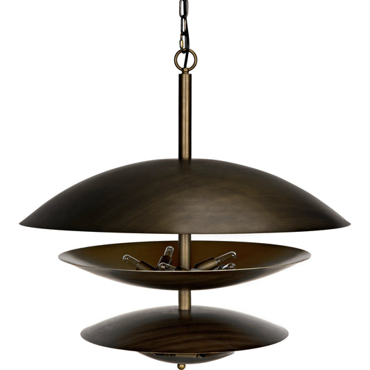 Nora Chandelier by Noir in aged brass. Made from industrial steel in a modern style.