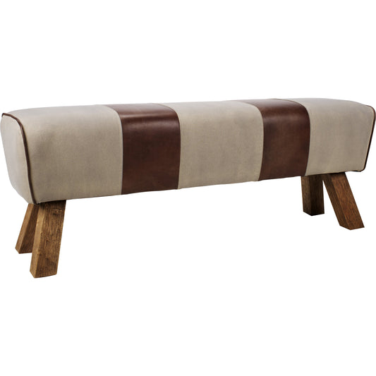 Pommel Bench by Moe's Home Collection in brown and distressed light brown. Made from top grain leather, canvas, rubber wood legs, eucalyptus wood frame in a rustic style.