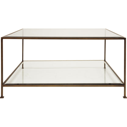 Quadro Square Coffee Table by Worlds Away in gold. Made from metal, glass in a transitional style.