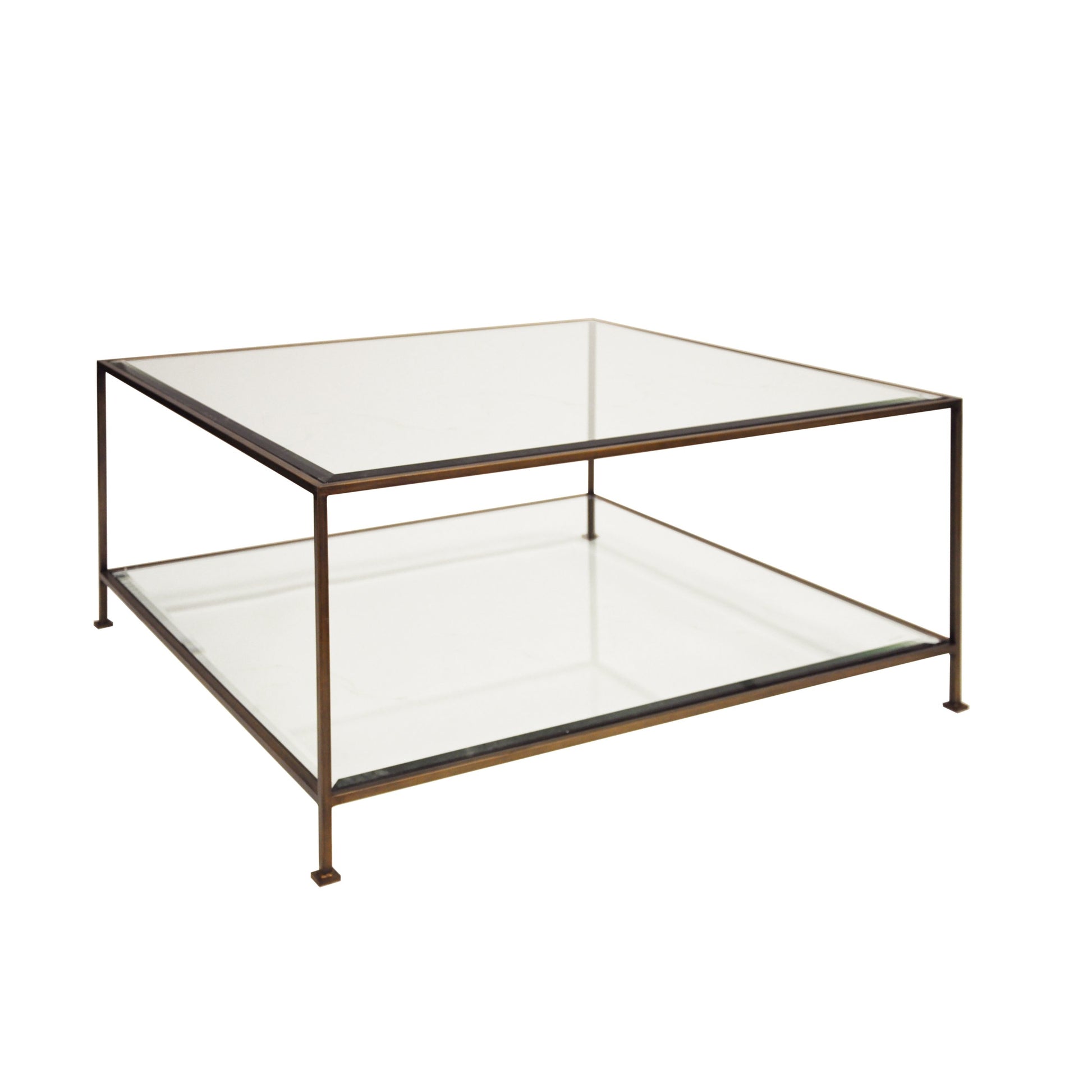 Quadro Square Coffee Table by Worlds Away in gold. Made from metal, glass in a transitional style.