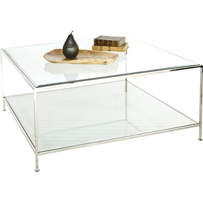 Quadro Square Coffee Table by Worlds Away in gold. Made from metal, glass in a transitional style.