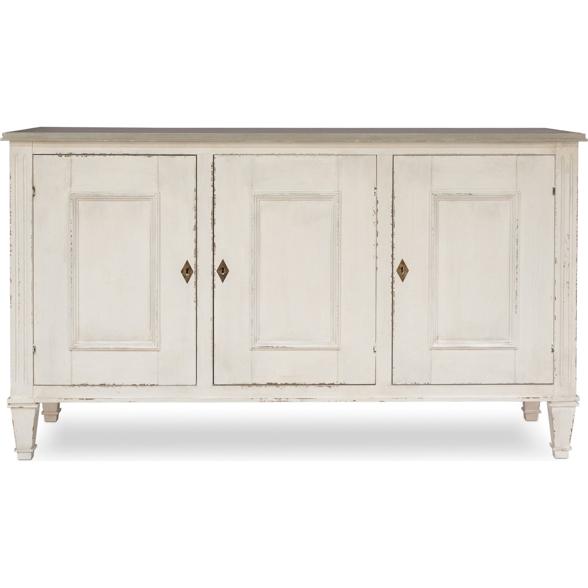 Louis XVI Sideboard by Sarreid Ltd. in ivory, grey and white/white base gray quartz top. Made from wood in a traditional style.