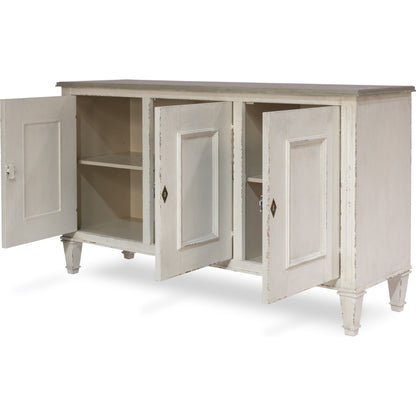 Louis XVI Sideboard by Sarreid Ltd. in ivory, grey and white/white base gray quartz top. Made from wood in a traditional style.