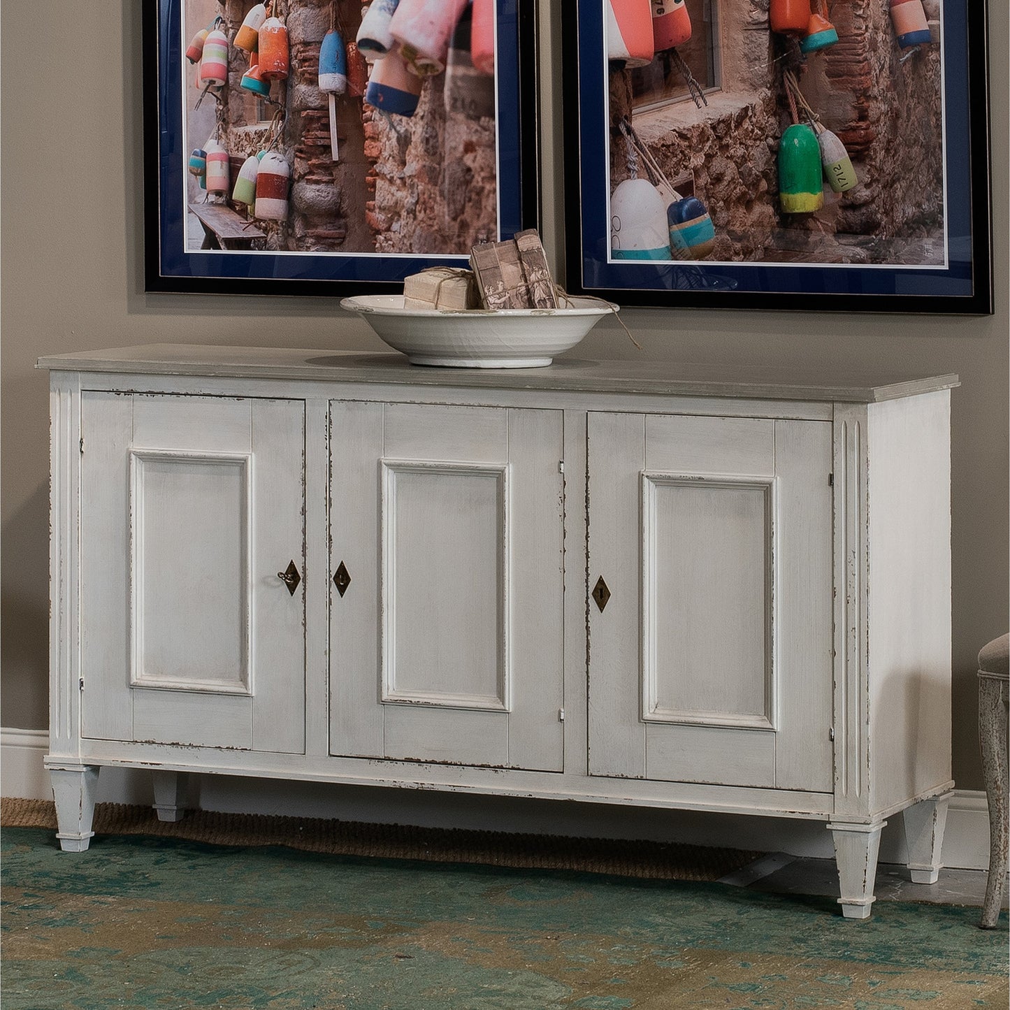 007 S-243499 | Additional Silo | Louis XVI Sideboard by Sarreid Ltd. in ivory, grey and white/white base gray quartz top. Made from wood in a traditional style.