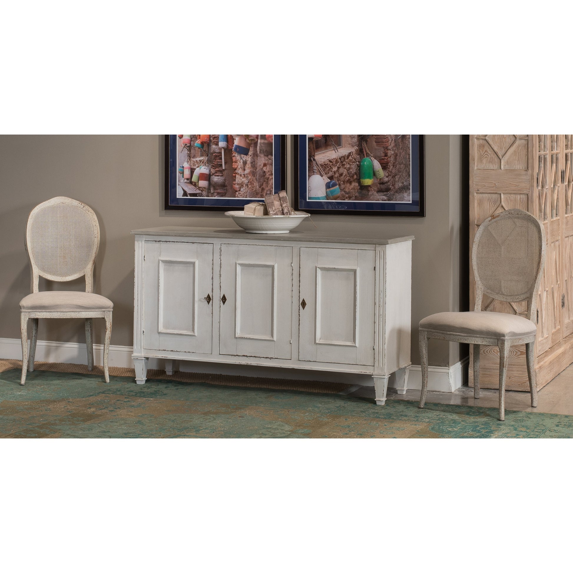 Louis XVI Sideboard by Sarreid Ltd. in ivory, grey and white/white base gray quartz top. Made from wood in a traditional style.