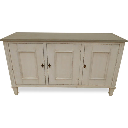 Louis XVI Sideboard by Sarreid Ltd. in ivory, grey and white/white base gray quartz top. Made from wood in a traditional style.