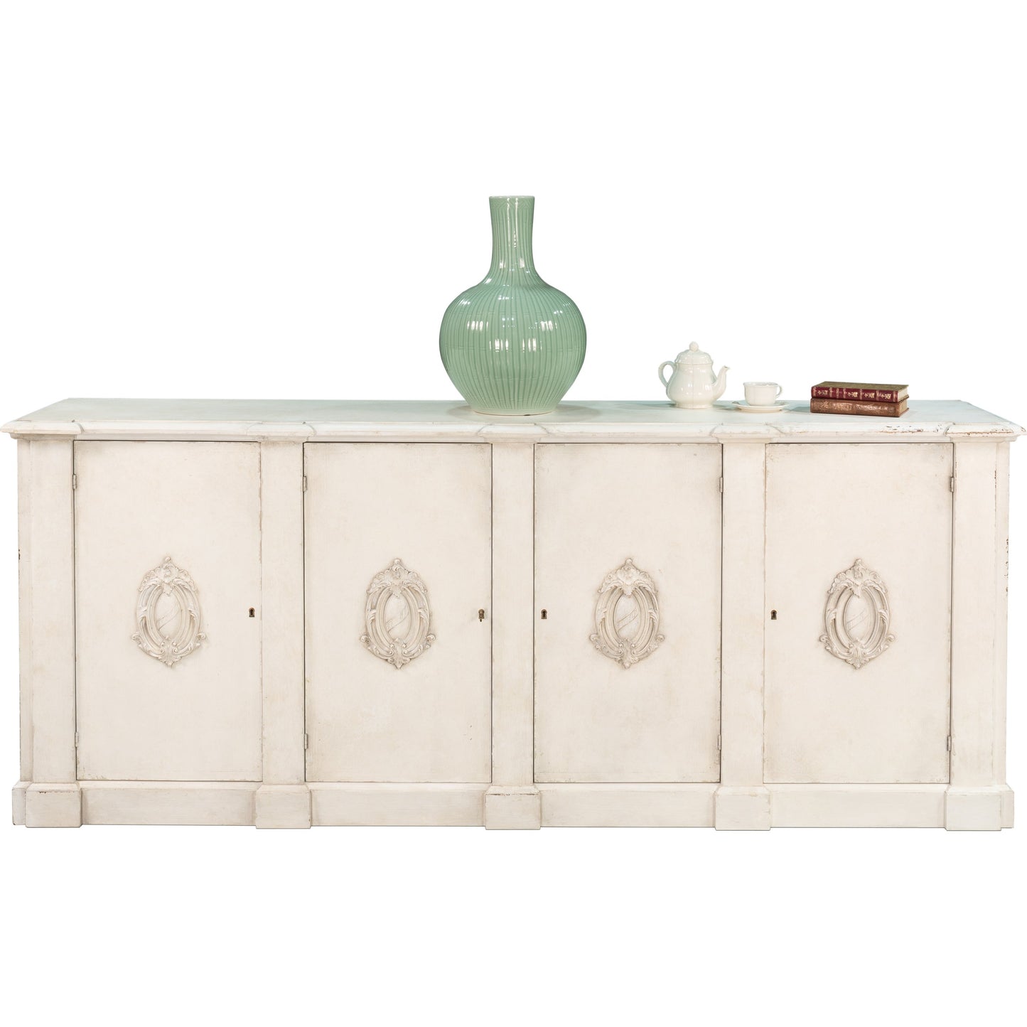 004 SR-857368 | Lifestyle | Crested Wall Cabinet by Sarreid Ltd. in white and 4 doors 4 keys white/white finish. Made from solid pine in a cottage & farmhouse style.