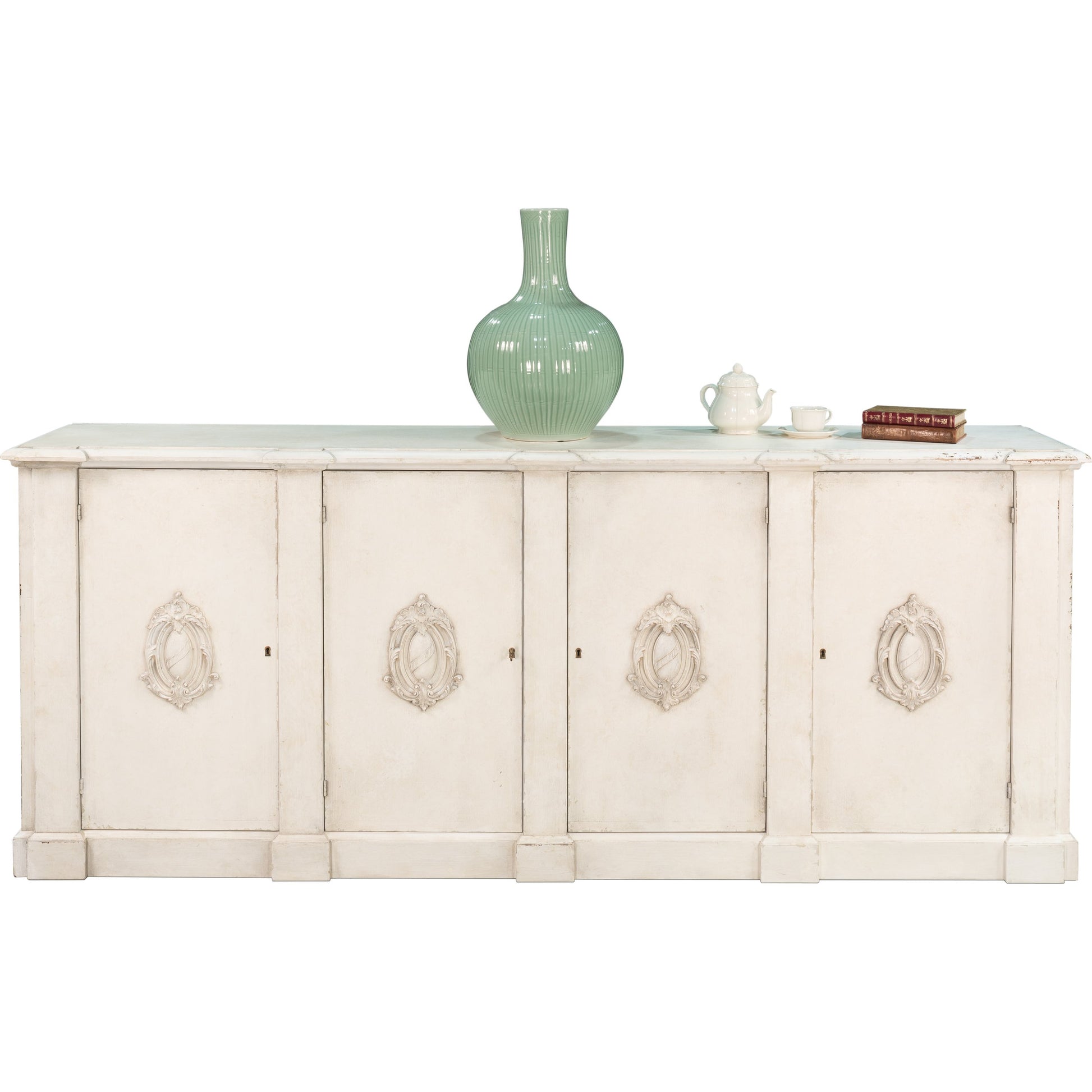 Crested Wall Cabinet by Sarreid Ltd. in white and 4 doors 4 keys white/white finish. Made from solid pine in a cottage & farmhouse style.