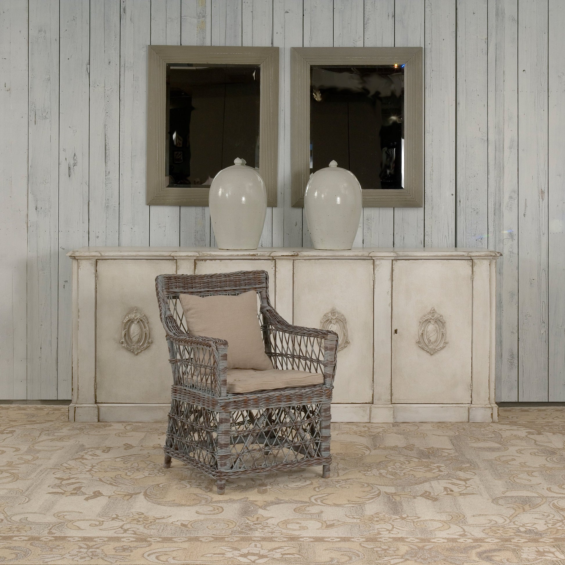 Crested Wall Cabinet by Sarreid Ltd. in white and 4 doors 4 keys white/white finish. Made from solid pine in a cottage & farmhouse style.