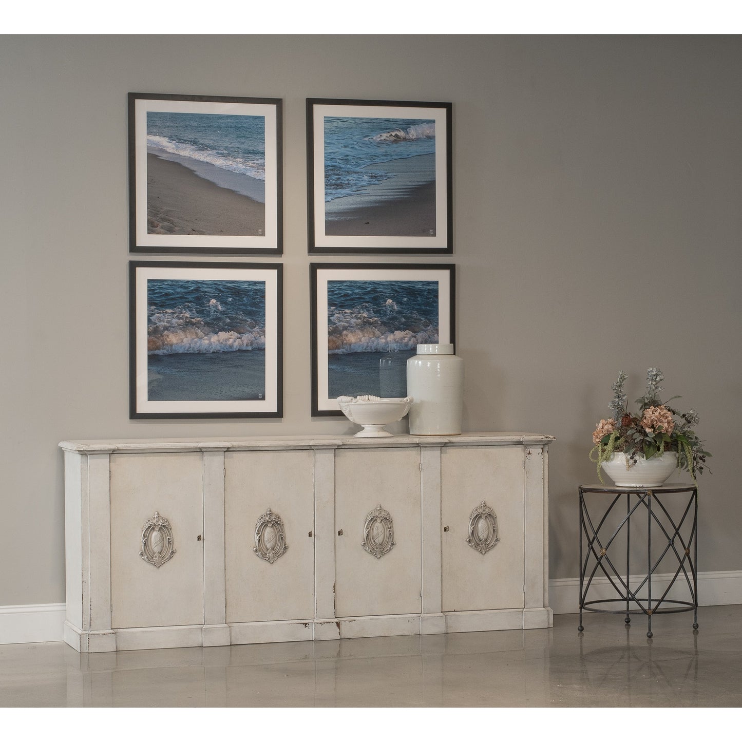 005 SR-857368 | Lifestyle | Crested Wall Cabinet by Sarreid Ltd. in white and 4 doors 4 keys white/white finish. Made from solid pine in a cottage & farmhouse style.