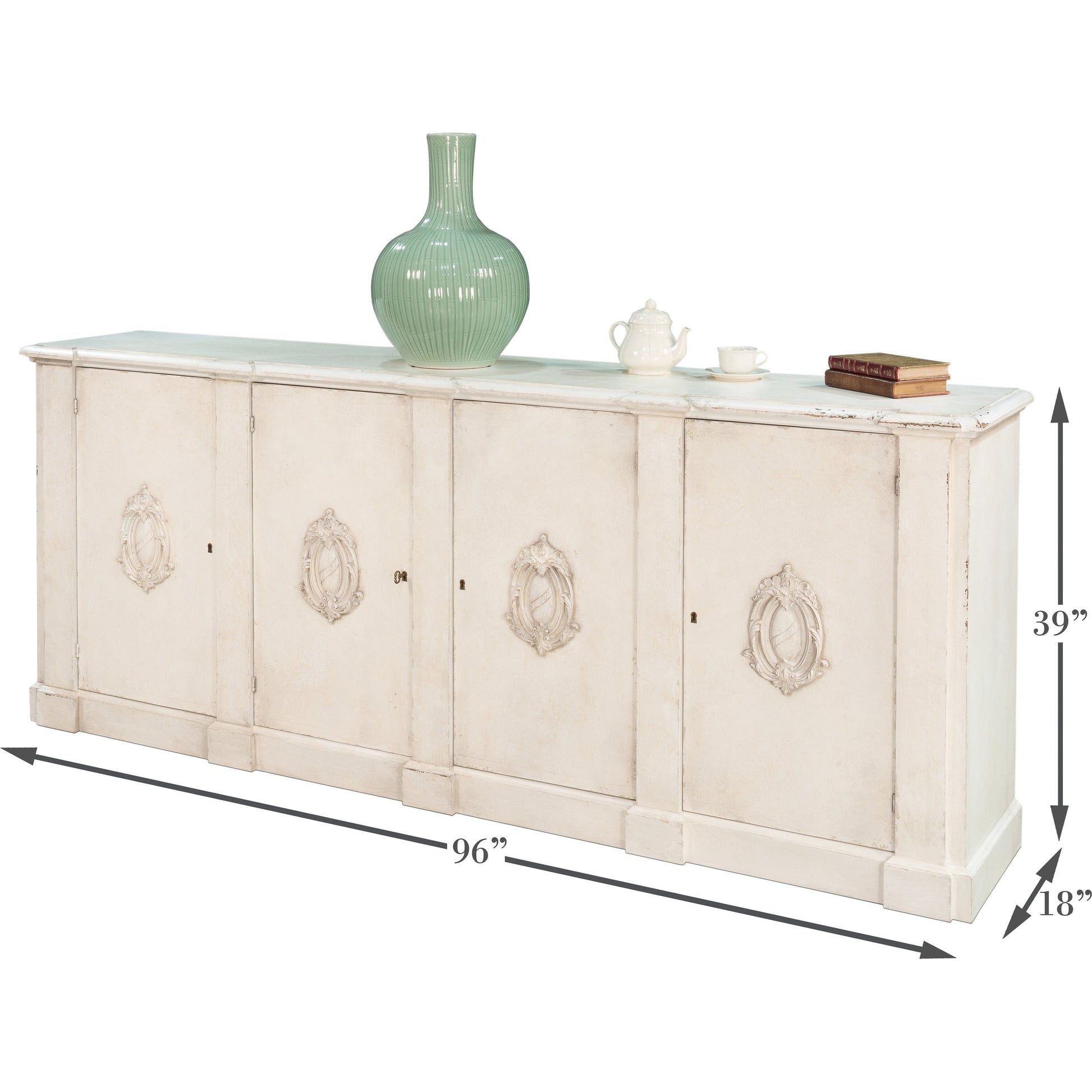 Crested Wall Cabinet by Sarreid Ltd. in white and 4 doors 4 keys white/white finish. Made from solid pine in a cottage & farmhouse style.