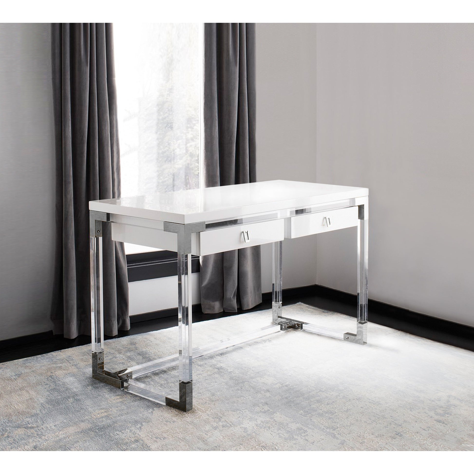 Firenze Contemporary Desk by Pasargad Home in silver and white. Made from lucite in a modern style.