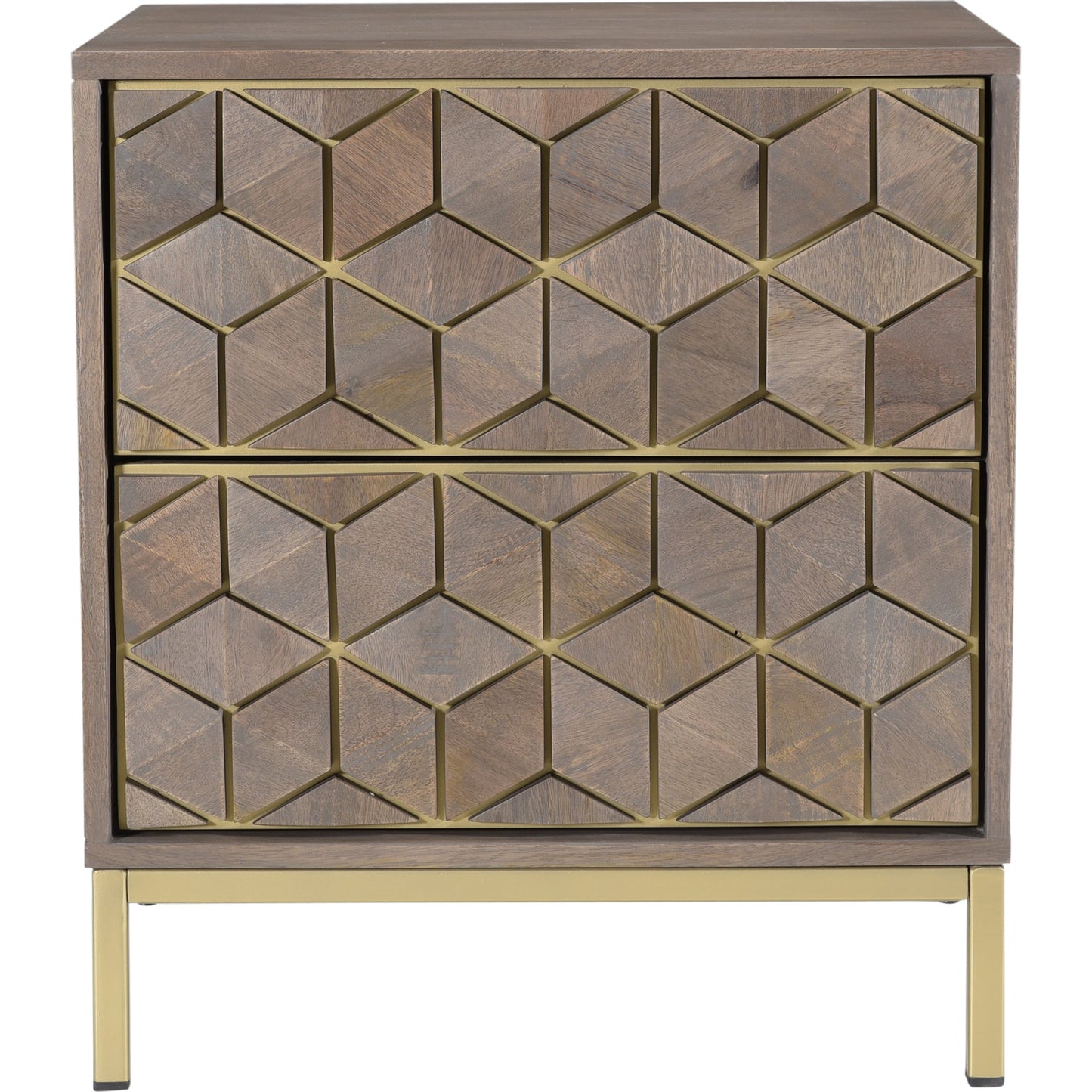 001 SR-816707 | Primary Silo | Corolla Nightstand by Moe's Home Collection in light gray, brass. Made from solid mango wood, veneers over mdf, iron base in a eclectic & global style.