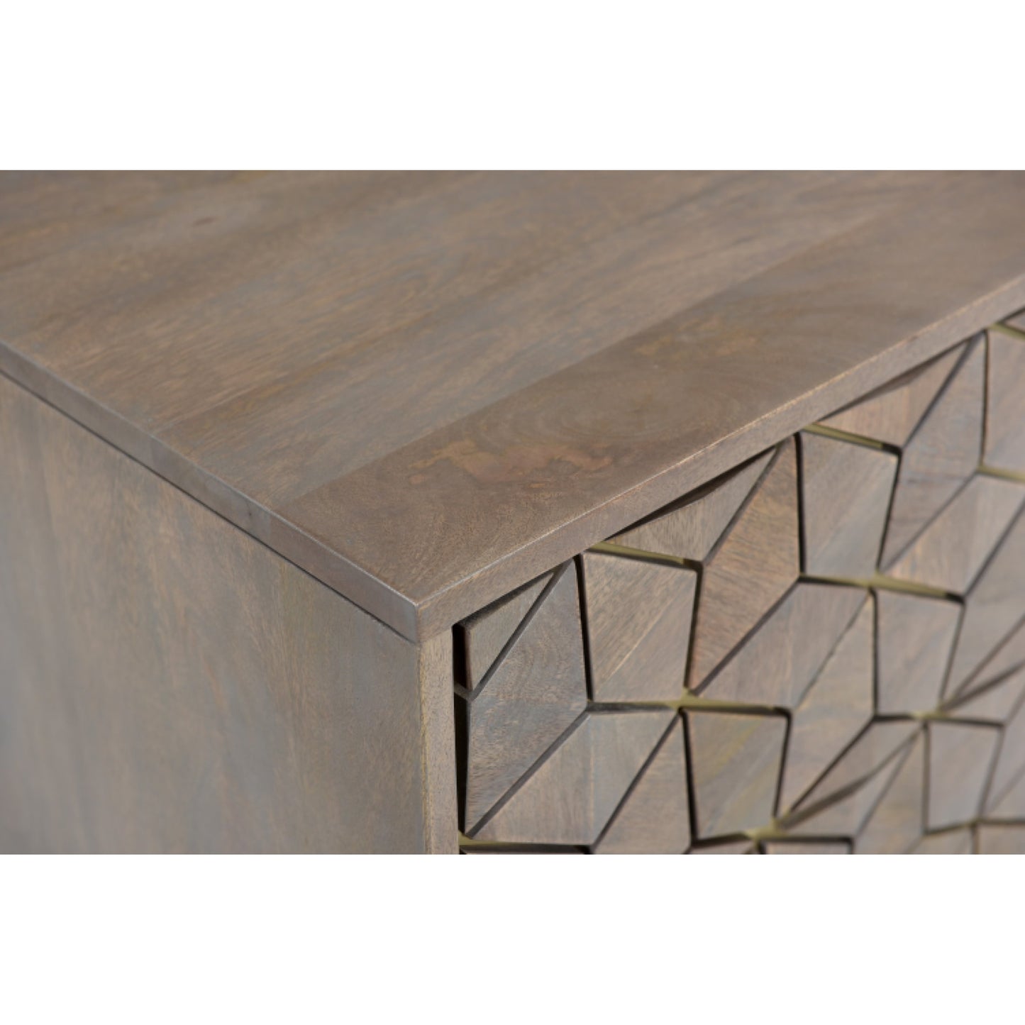006 SR-816707 | Closeup | Corolla Nightstand by Moe's Home Collection in light gray, brass. Made from solid mango wood, veneers over mdf, iron base in a eclectic & global style.