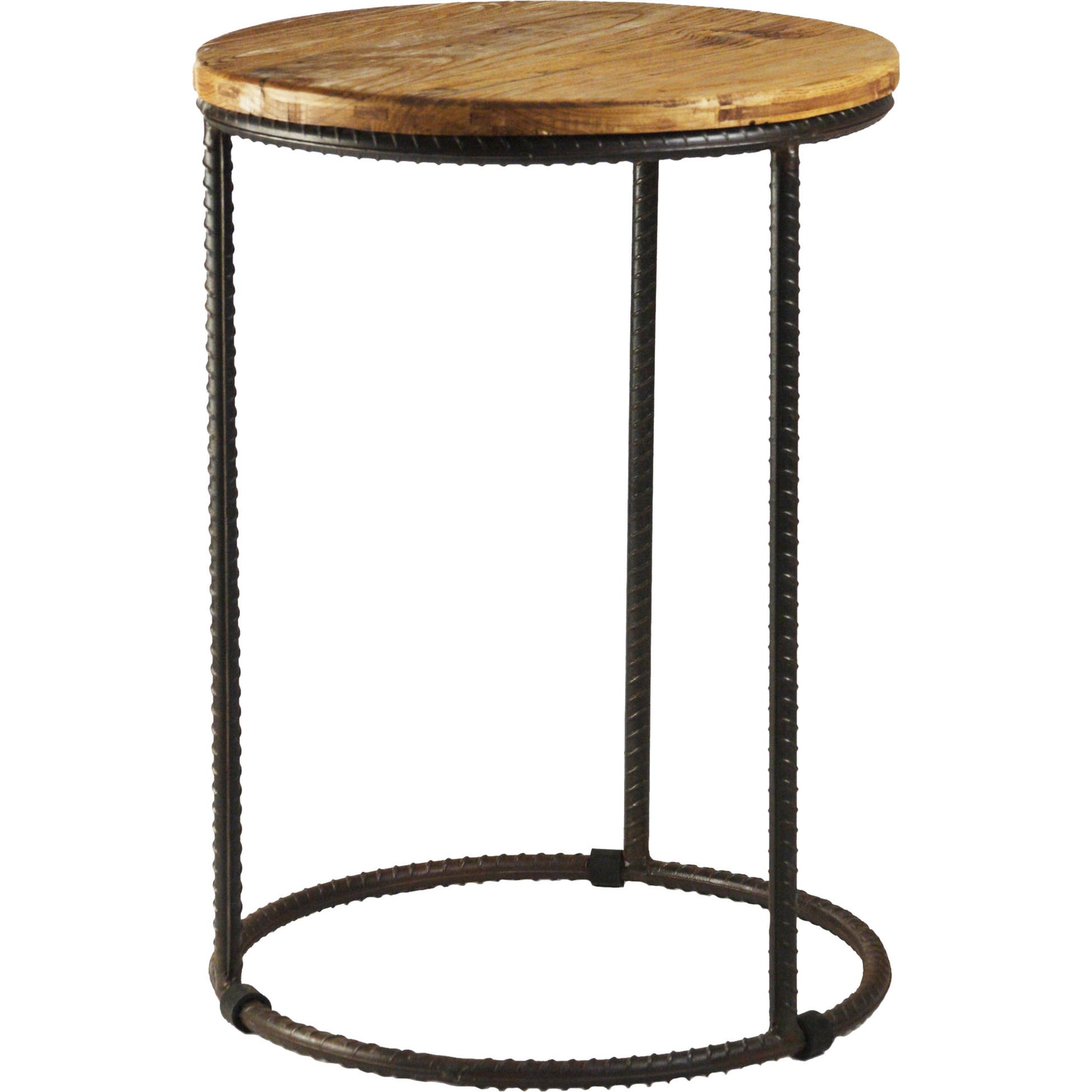 Rustique Round End Table by Zentique in stained top, distressed black steel and stained oak, recycled steel. Made from stained oak, recycled steel in a modern style.
