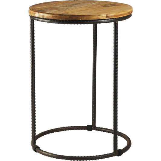 Rustique Round End Table by Zentique in stained top, distressed black steel and stained oak, recycled steel. Made from stained oak, recycled steel in a modern style.