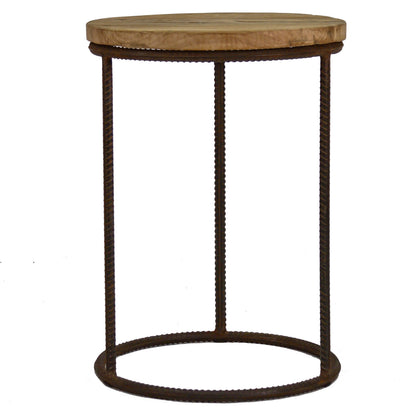 Rustique Round End Table by Zentique in stained top, distressed black steel and stained oak, recycled steel. Made from stained oak, recycled steel in a modern style.