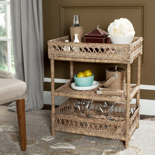 Ajani Rack by Safavieh in gray. Made from rattan in a modern style.