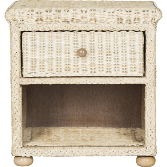 Burnet Wicker End Table by HedgeApple Essentials in natural white wash color. Made from rattan kubu in a coastal style.