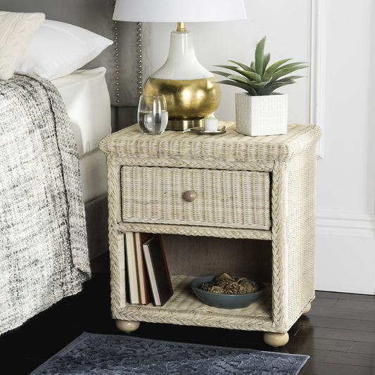 Burnet Wicker End Table by HedgeApple Essentials in natural white wash color. Made from rattan kubu in a coastal style.