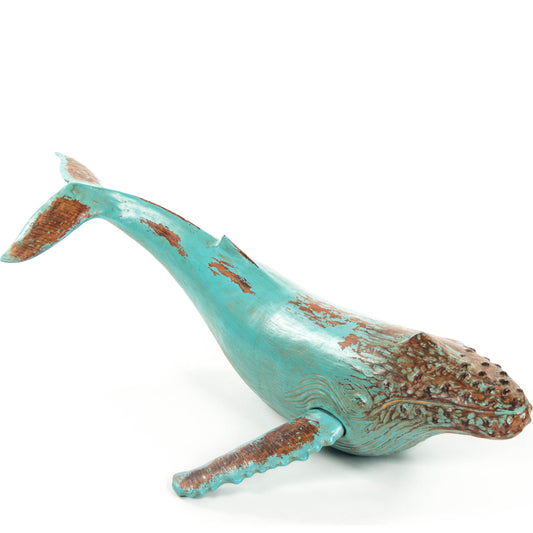 Humpback Whale Sculpture by Zentique in distressed turquoise, brown and polyresin. Made from polyresin in a coastal style.