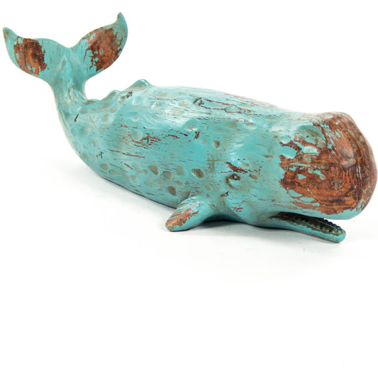 Sperm Whale Sculpture by Zentique in distressed turquoise, brown and polyresin. Made from polyresin in a coastal style.