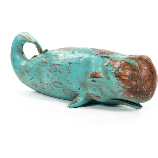 Sperm Whale Sculpture by Zentique in distressed turquoise, brown and polyresin. Made from polyresin in a coastal style.