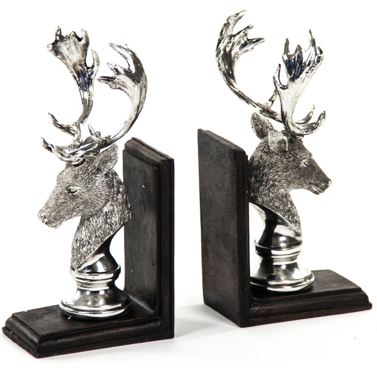 001 S-337028 | Primary Silo | Deer Head Bookends by Zentique in electroplated silver on black base and polyresin. Made from polyresin in a rustic style.