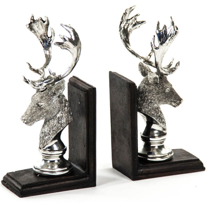 Deer Head Bookends by Zentique in electroplated silver on black base and polyresin. Made from polyresin in a rustic style.