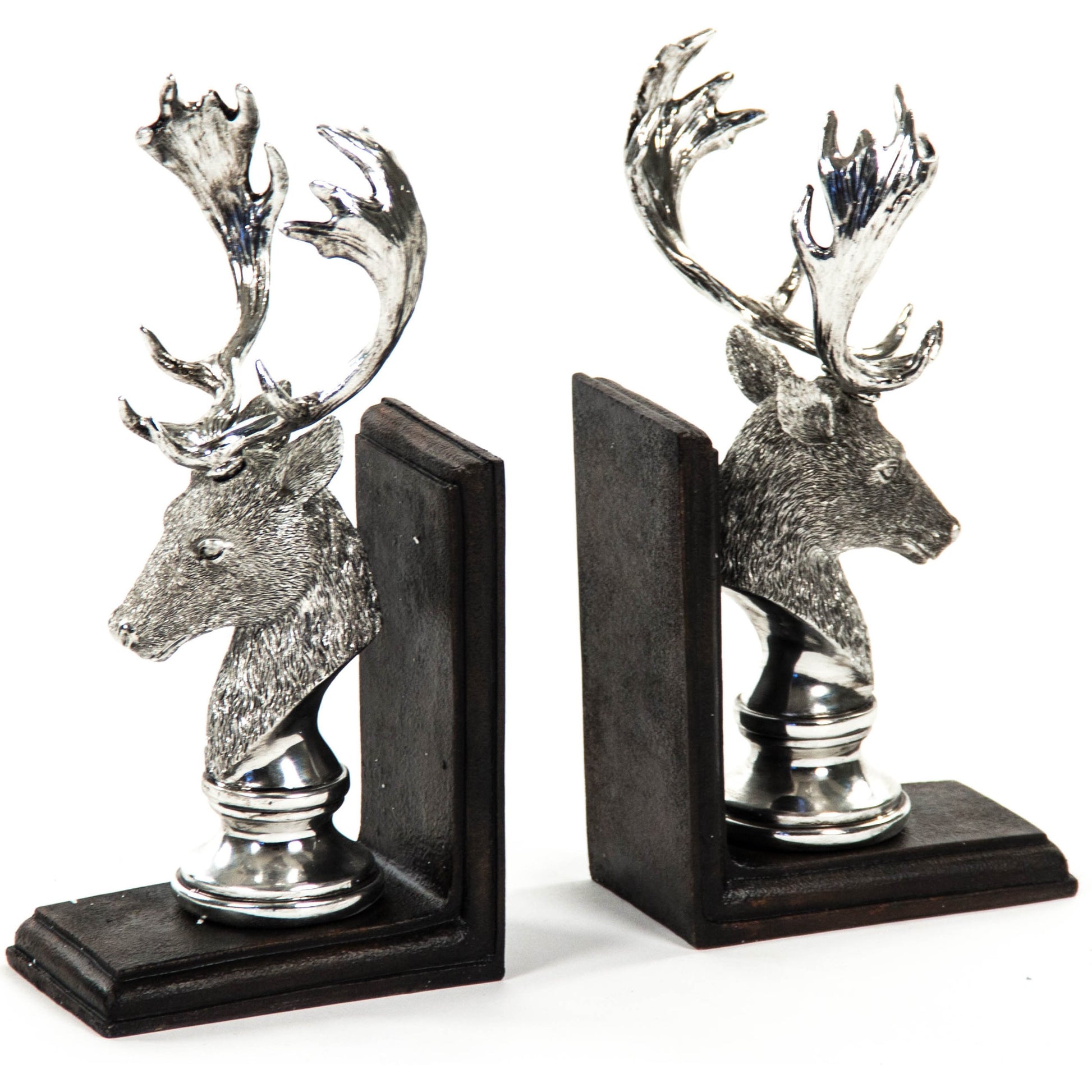 Deer Head Bookends by Zentique in electroplated silver on black base and polyresin. Made from polyresin in a rustic style.