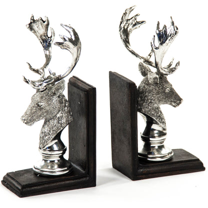 Deer Head Bookends by Zentique in electroplated silver on black base and polyresin. Made from polyresin in a rustic style.