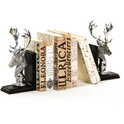 Deer Head Bookends by Zentique in electroplated silver on black base and polyresin. Made from polyresin in a rustic style.